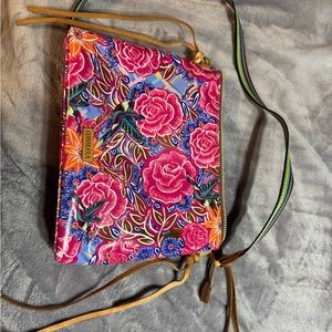 Consuela Pink Floral Crossbody Bag with Orange, Blue, Green Accents